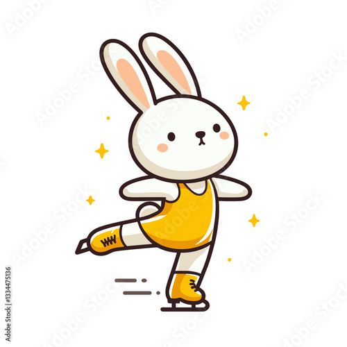 Graceful cartoon figure skater rabbit in yellow outfit with sparkles. Perfect for winter sports, ice skating competitions or athletic performance illustrations.
