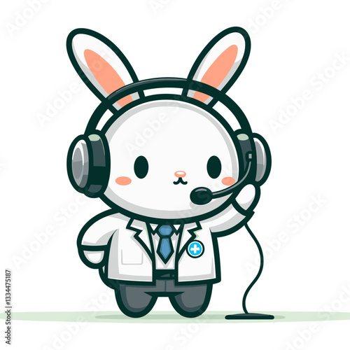 Professional cartoon customer service rabbit with headset in white shirt. Ideal for call center promotions, technical support or helpdesk service illustrations.