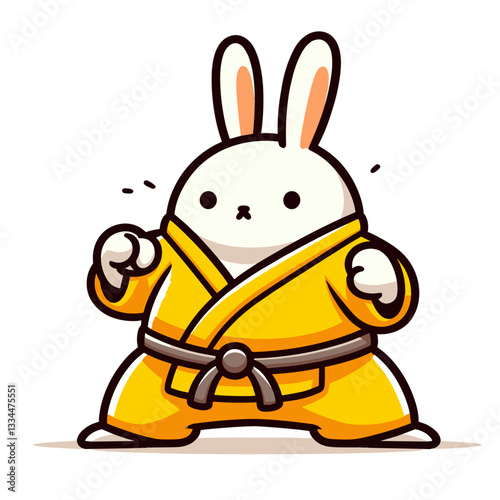Cute cartoon bunny martial artist in yellow gi with karate stance. Vector illustration perfect for sports training, self-defense classes, or combat discipline concept designs.