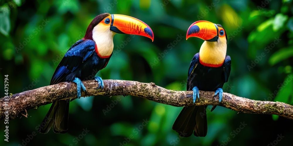 Obraz premium Two birds are perched on a branch, one of which is yellow