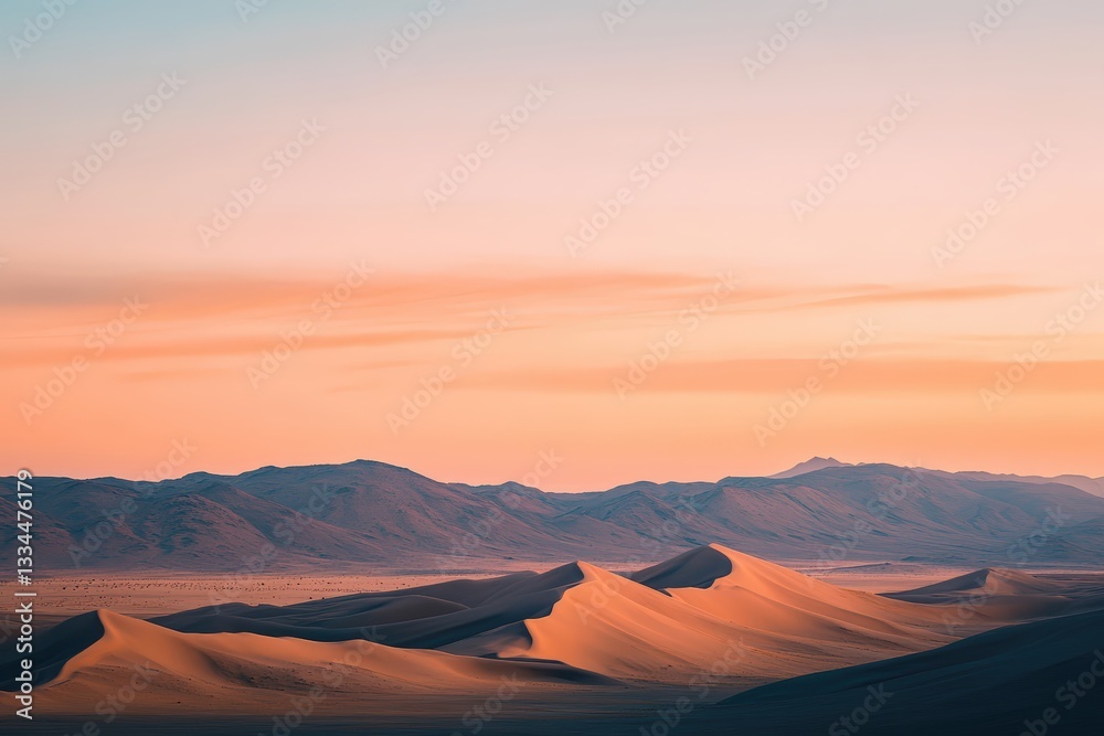 Naklejka premium Desert Landscape Illuminated by Vibrant Shades of Orange and Pink During a Stunning Sunset