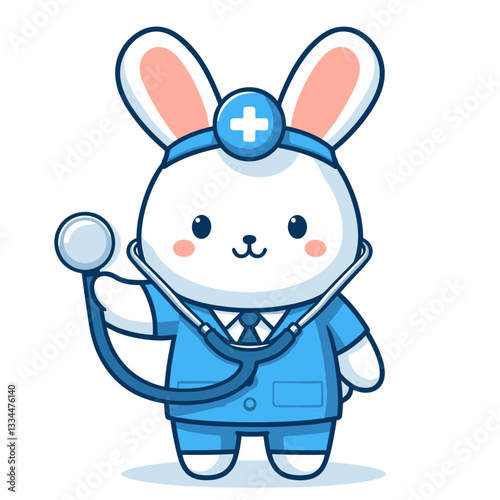Doctor bunny in blue scrubs with stethoscope on transparent background. Vector illustration ideal for healthcare services, medical professionals, or pediatric clinic promotional materials.
