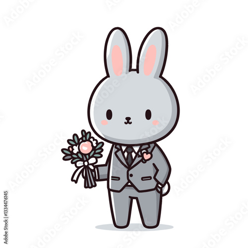 Groom bunny in gray suit holding flower bouquet on transparent background. Vector illustration perfect for wedding celebrations, marital ceremonies, or formal event conceptual designs.