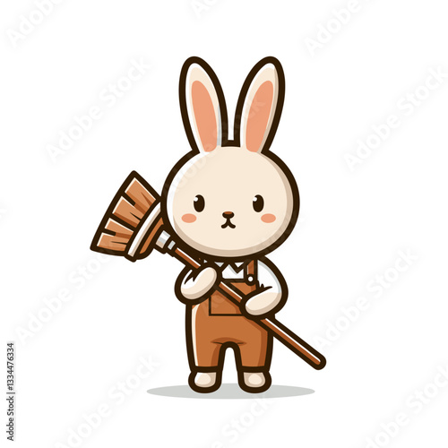 Janitor bunny with broom in brown overalls. Vector illustration ideal for cleaning services, facility maintenance, and professional housekeeping concepts.