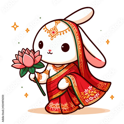 Elegant Indian bride bunny in red traditional sari with lotus. Vector illustration perfect for cultural weddings, ceremonial attire, and ethnic celebration concepts.