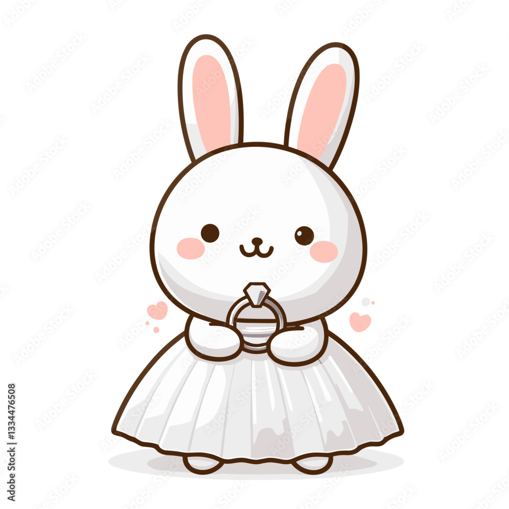 Obraz premium Rabbit in a white dress holding a ring with a sweet smile on a transparent background