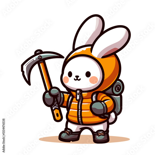 Mountaineer bunny with ice axe and backpack in orange jacket. Vector illustration perfect for adventure sports, climbing expeditions, and outdoor exploration themes.