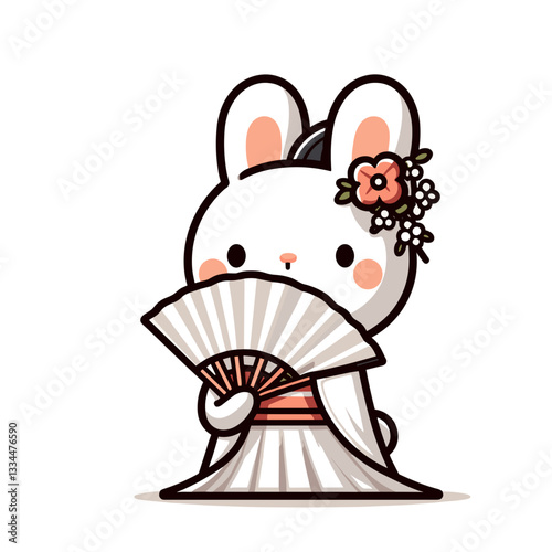 Traditional Japanese bunny geisha with fan in white kimono. Vector illustration perfect for cultural performances, eastern traditions, and elegant ceremonial concepts.