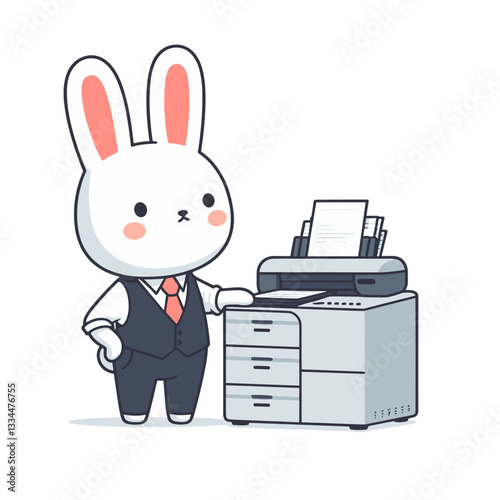 Office worker bunny with printer and formal attire. Vector illustration for workplace productivity and administrative professions.