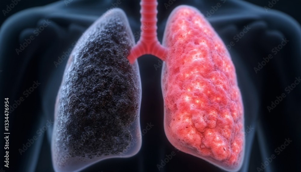 Digital illustration of human lungs showing healthy and unhealthy tissue contrast on a dark background.