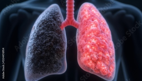 Obraz na płótnie Digital illustration of human lungs showing healthy and unhealthy tissue contrast on a dark background. w salonie