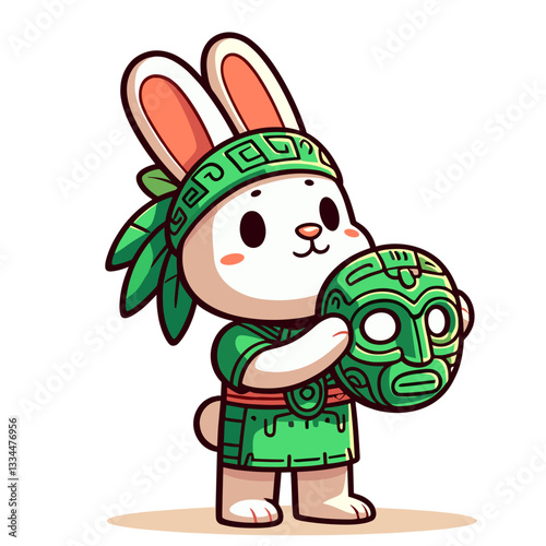 Aztec bunny with ceremonial mask and green outfit. Vector illustration for ancient cultural traditions and historical themes.