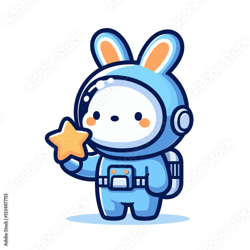 Astronaut bunny with star in blue space suit. Vector illustration for cosmic exploration and children's sci-fi stories.