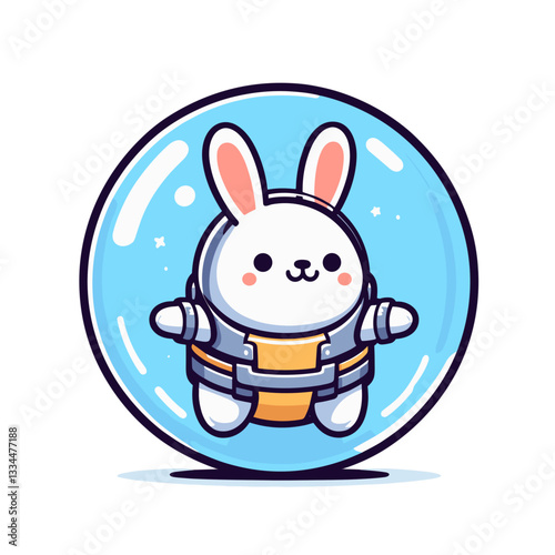 Adventurous cartoon astronaut rabbit in blue space bubble. Perfect for cosmic exploration themes, space science education or adventure story illustrations for children.