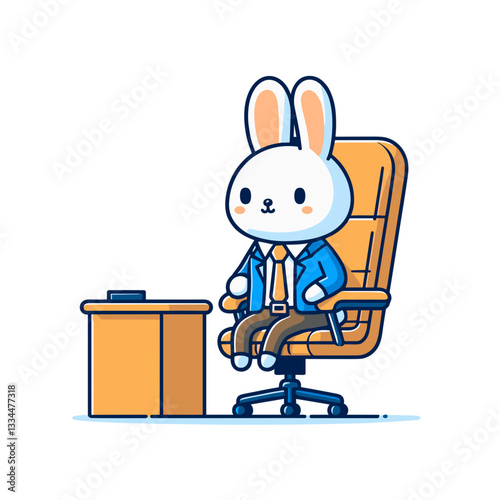 Serious cartoon office manager rabbit in blue suit at desk. Perfect for corporate workspace illustrations, business administration or executive career concepts.
