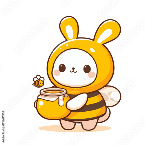 Sweet cartoon bee rabbit in yellow costume holding honey pot. Great for honey product promotions, nature conservation themes or bee-keeping educational content.
