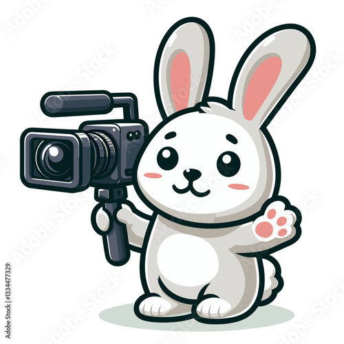 Professional cartoon videographer rabbit with professional camera. Ideal for media production services, video content creation or filmmaking educational illustrations.