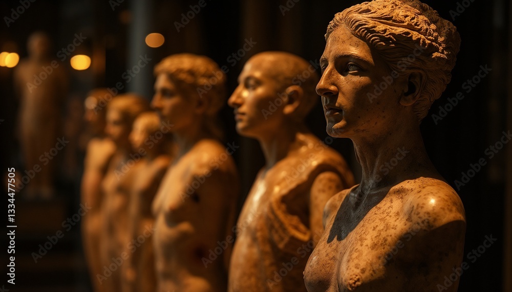 Classical statues in museum with dramatic lighting, showcasing ancient art collection.