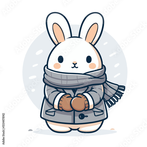 Winter bunny in gray coat with scarf and mittens on circular background. Vector illustration perfect for cold weather fashion, seasonal attire, or winter comfort promotional materials.