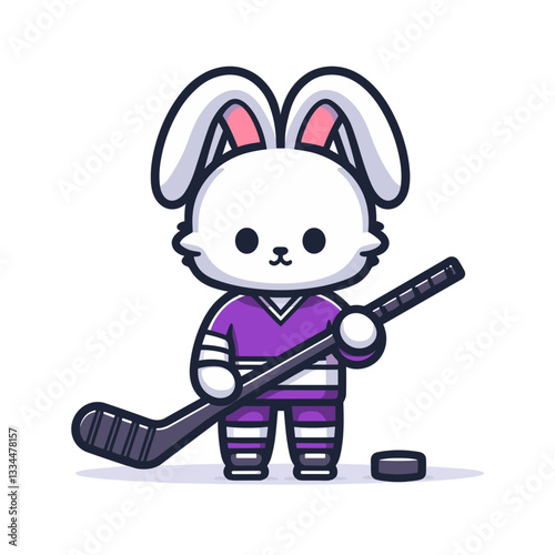 Hockey player bunny in purple jersey with stick and puck on transparent background. Vector illustration ideal for winter sports, team competitions, or athletic recreational activities.