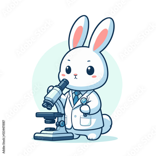 Scientist bunny with microscope in lab coat on circular background. Vector illustration perfect for research concepts, laboratory education, or scientific discovery promotional materials.