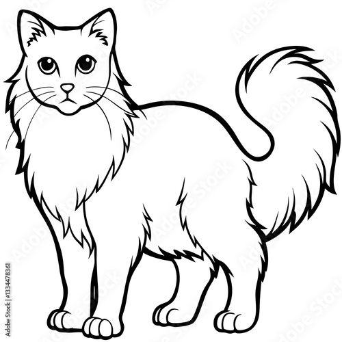 a black and white line art drawing of a fluffy cat with a long, curled tail and expressive eyes vector illustration