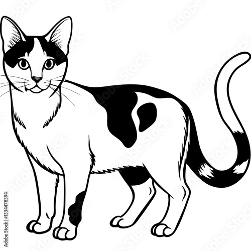a black and white illustration of a standing cat with a spotted pattern 