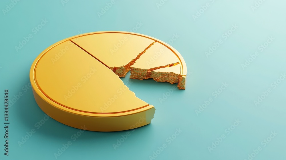 Golden 3D Pie Chart with Missing Slice on Light Blue Background Golden 3D Pie Chart with Missing Slice on Light Blue Background