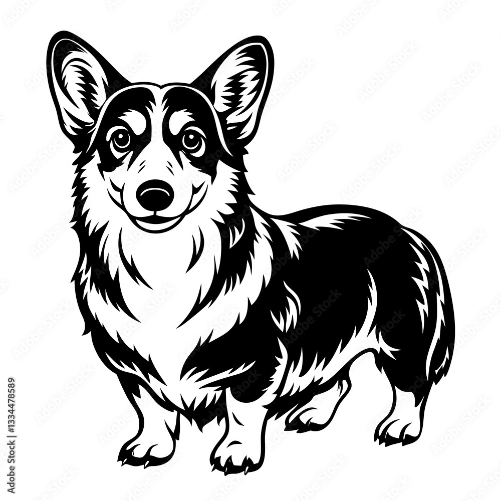Fototapeta premium a detailed black and white illustration of a corgi dog. The dog is depicted in a standing pose with an adorable expression. vector illustration
