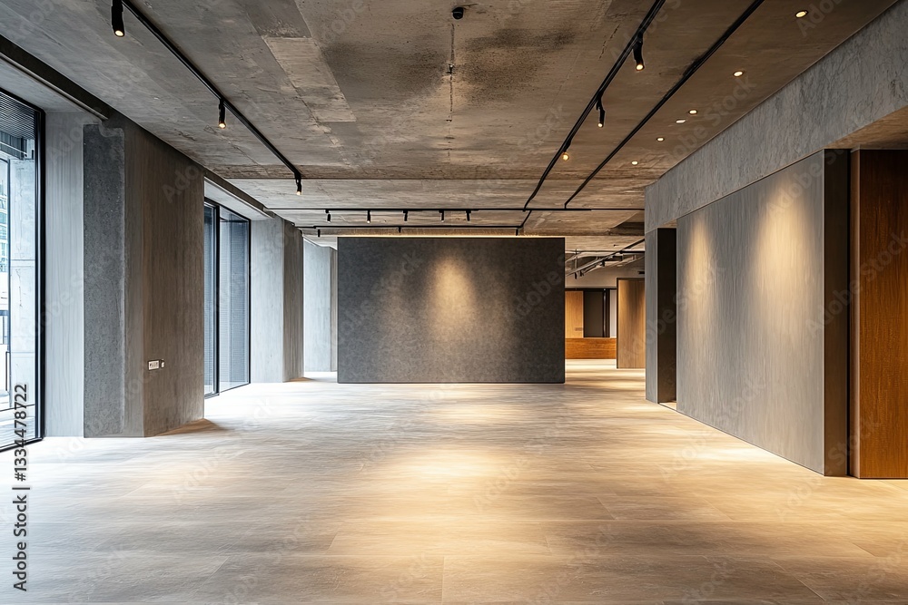 An empty and modern interior office space with track lighting An empty and modern interior office space with track lighting