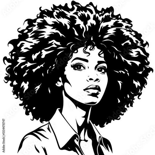 a beautiful black and white illustration of a woman with gorgeous afro hair, with a shirt