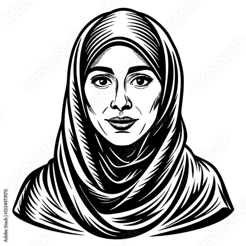 an illustration portrait of a woman wearing hijab with gentle expression and subtle smile