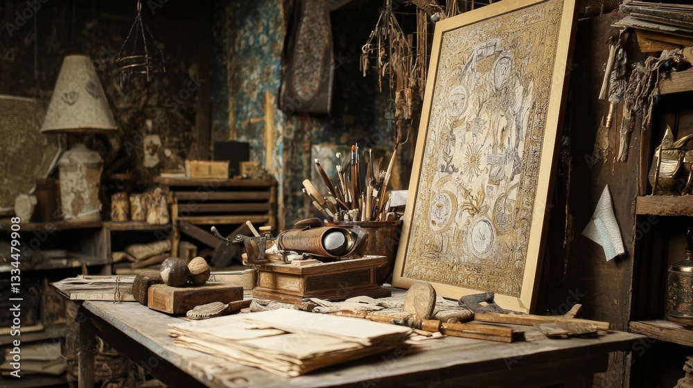 Fototapeta premium Rustic artist’s workshop with wooden tools and paintings
