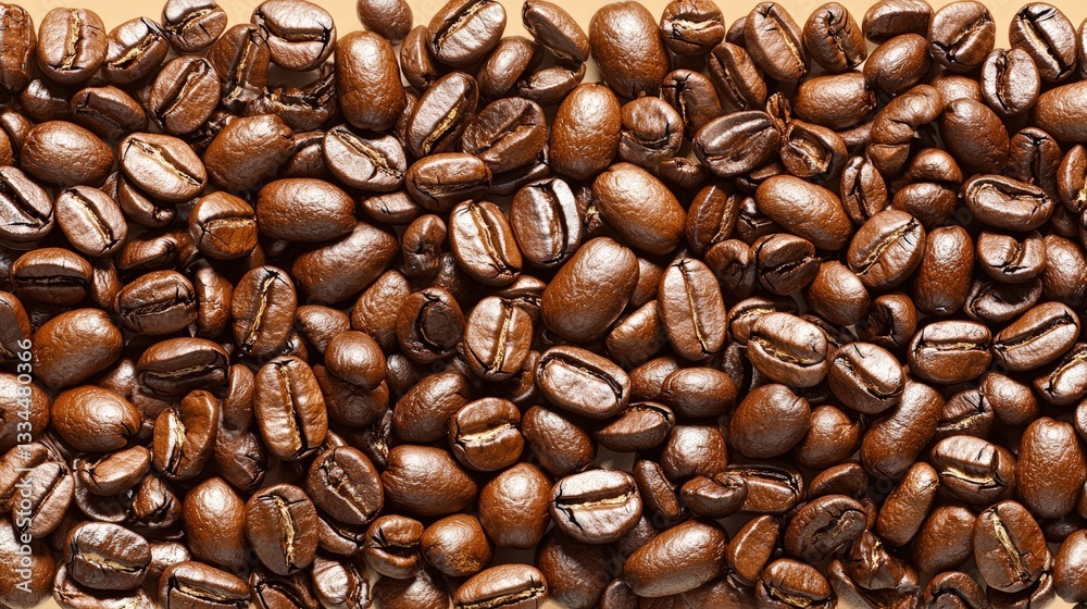 Fototapeta premium A variety of coffee beans gathered together on a smooth wooden table for brewing and tasting