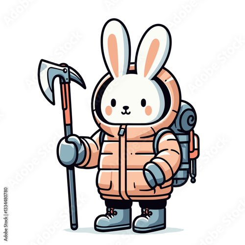 Winter adventurer bunny with ice axe and padded jacket. Vector illustration perfect for mountain expeditions, cold weather trekking, and outdoor survival themes.