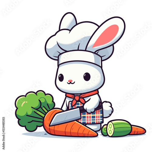Chef bunny with fresh vegetables and chef hat. Vector illustration for healthy cooking classes and nutritional recipe content.