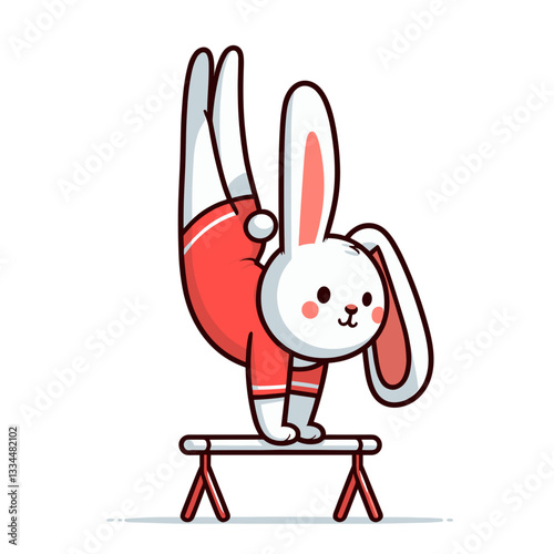 Gymnast bunny on parallel bars in red leotard. Vector illustration for athletic competitions and physical education concepts.
