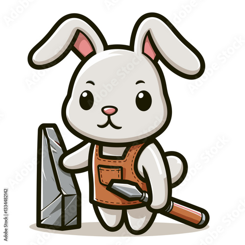 Stonemason bunny with chisel and stone block. Vector illustration for craftsmanship and historical construction techniques.