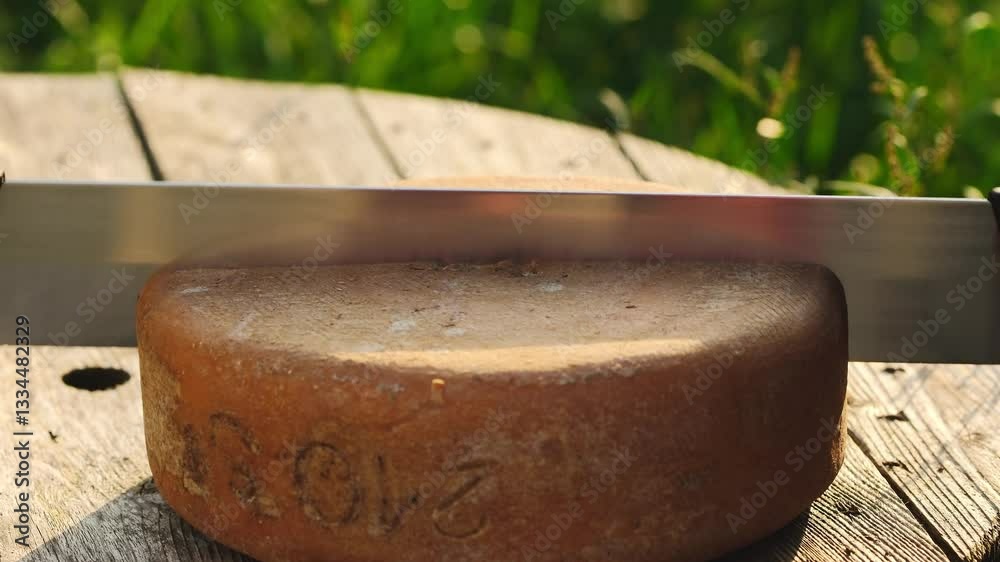 Delicious Ossau-Iraty cheese wheel being cut with a special cheese knife. Delicious Ossau-Iraty cheese wheel being cut with a special cheese knife.