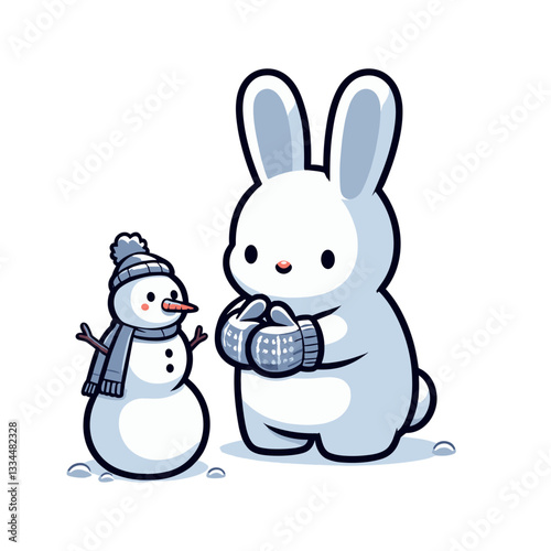Caring cartoon rabbit building snowman in winter scene with scarf. Ideal for winter activities, seasonal celebrations or holiday tradition illustrations for children.