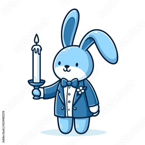 Elegant cartoon maitre d' rabbit in blue tuxedo holding candle. Perfect for fine dining services, upscale restaurants or formal event hosting illustrations.