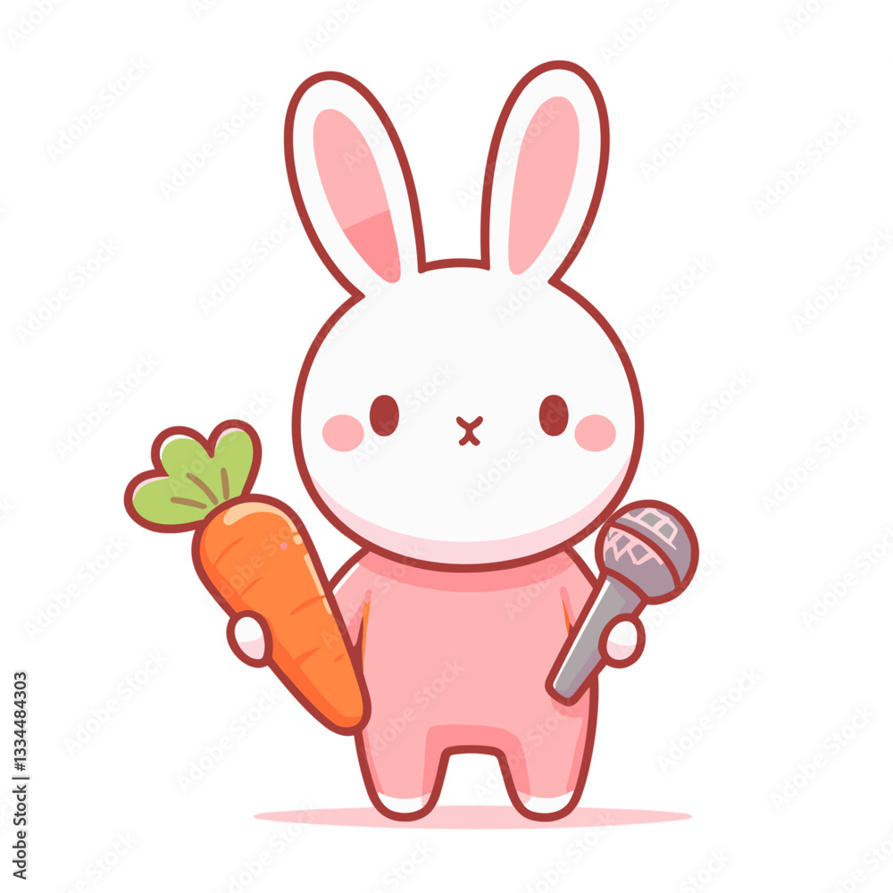Obraz premium Cartoon bunny chef in pink jumpsuit holding carrot and spatula. Vector illustration ideal for healthy cooking, vegetable recipes, or culinary character concept designs.