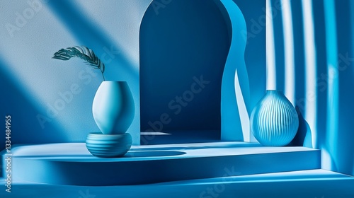 Modern blue-toned interior with geometric decor