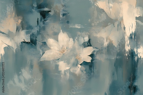 Abstract floral composition featuring white blossoms on a muted blue background