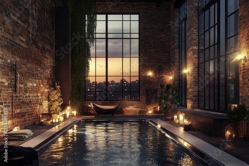 Luxurious Indoor Pool in a Chic Loft Apartment with City View at Sunset