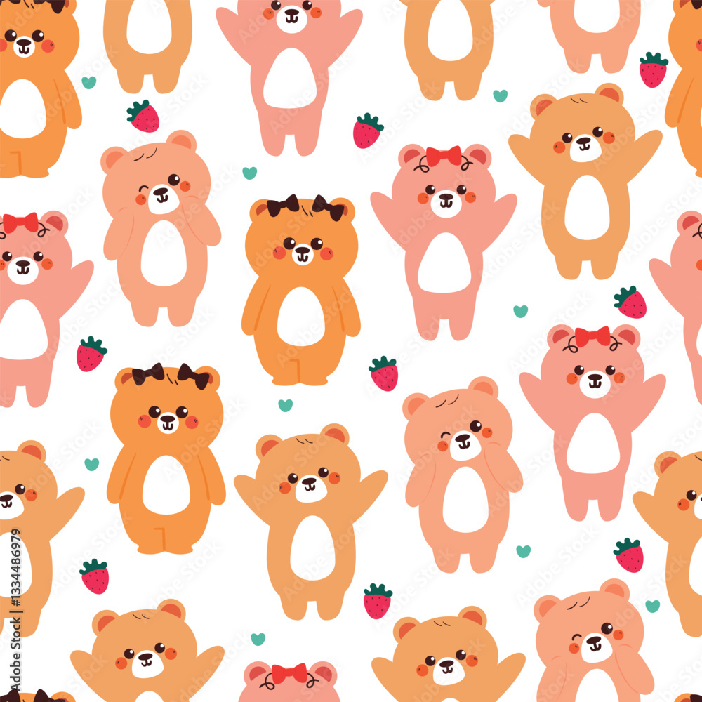 seamless pattern cute cartoon happy bear with strawberry and cute bow. cute animal pattern for wallpaper, background and gift wrap paper seamless pattern cute cartoon happy bear with strawberry and cute bow. cute animal pattern for wallpaper, background and gift wrap paper