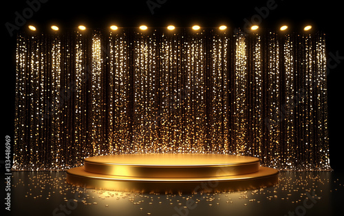 Golden Stage with Glittering Curtain and Spotlights, Empty Platform for Product Display