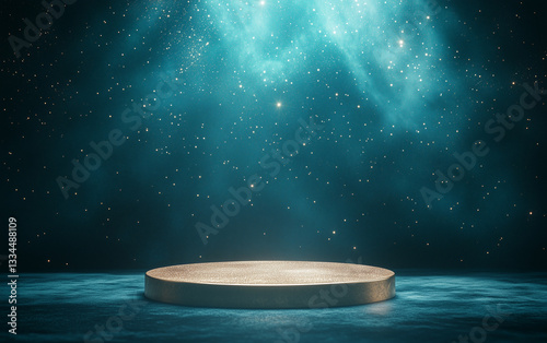 Golden Podium on Blue Background with Stars and Light Rays for Product Display