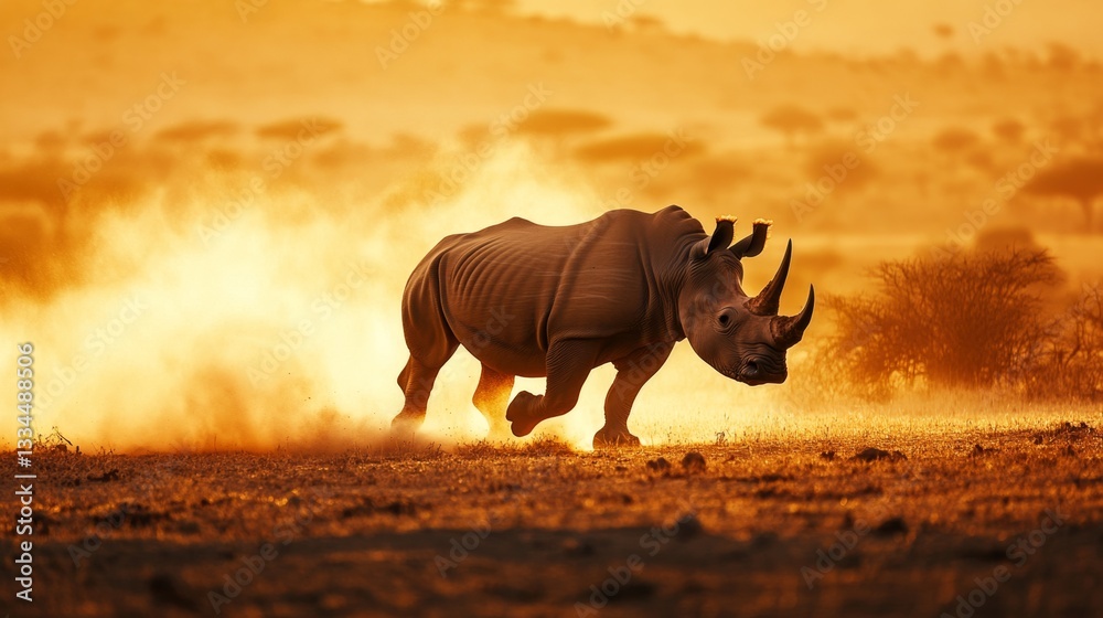 Fototapeta premium Lone rhinoceros walking through the savanna africa gigapixel image natural beauty ground level wildlife documentary