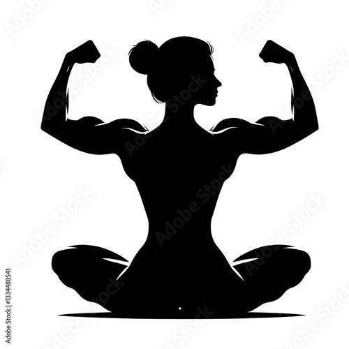 Strong woman in lotus pose flexing muscles silhouette